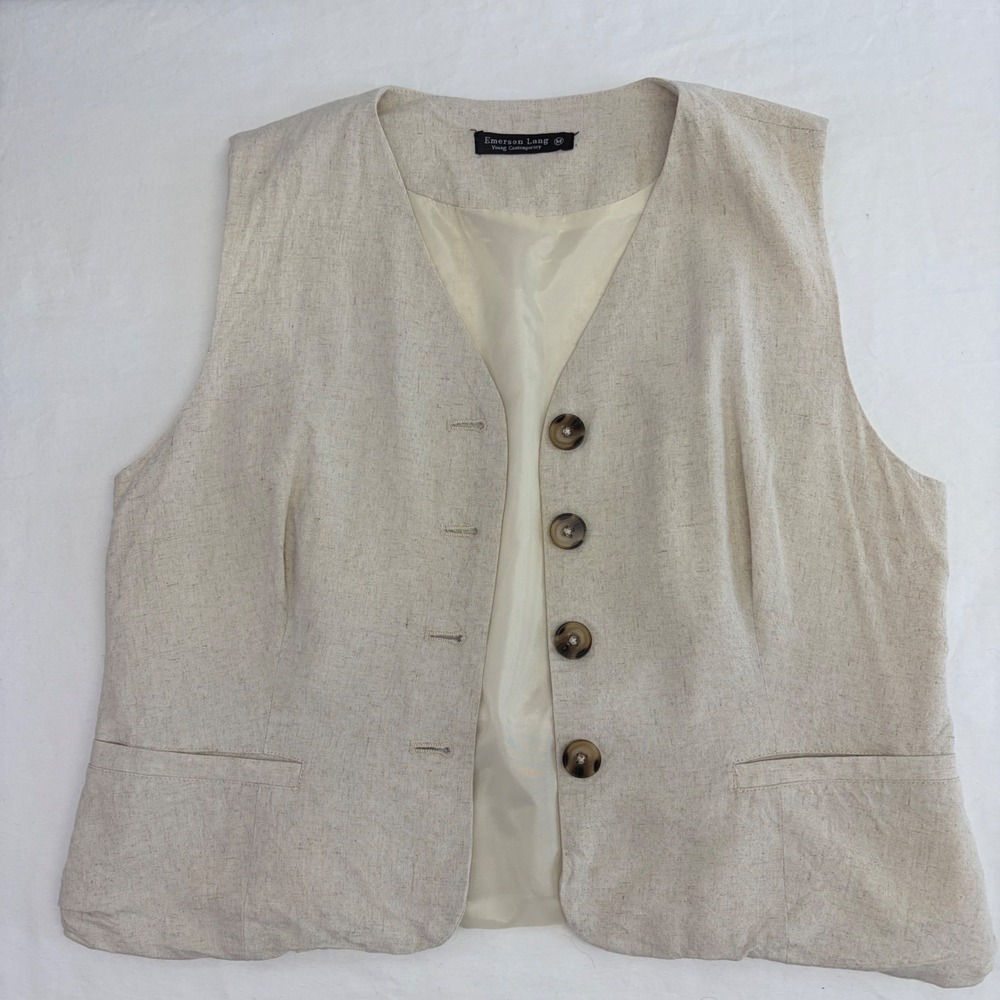Emerson Lang Linen Vest Beige Women Size‎ Medium Button Front Neutral Layer